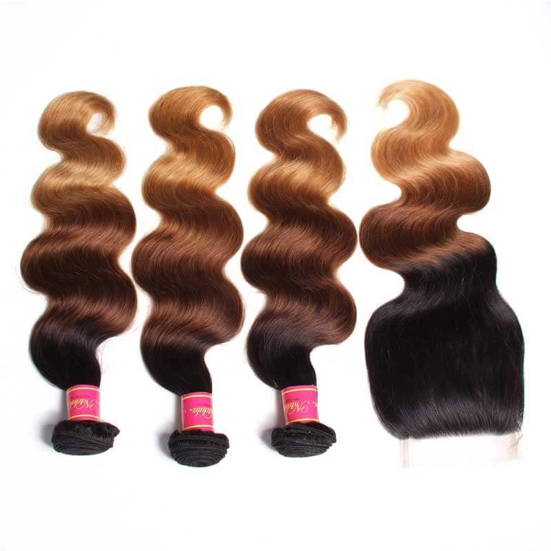 Idolra Hair T1B/4/27 Ombre 3 Bundles Body Wave With Closure 100% Virgin Human Hair